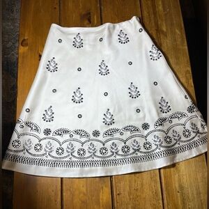 White House Black Market White A-Line Satin Skirt with Black Embellishment